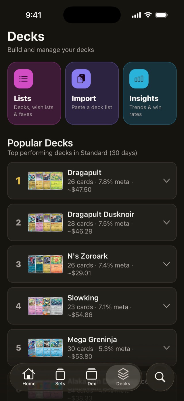 DexNDecks decks tab with popular tournament decks