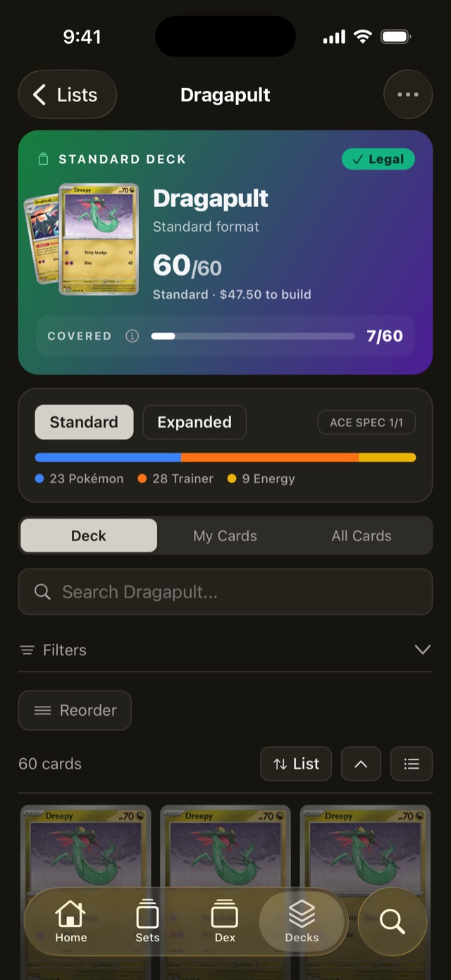 DexNDecks deck page with legality and build cost